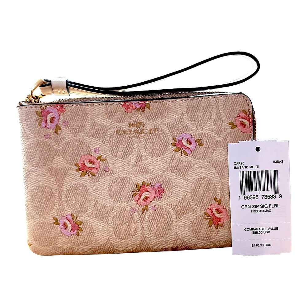 Coach Corner Zip Wristlet Signature Canvas Floral Sand Multi NWT